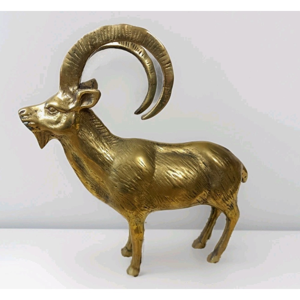 Brass Big Horn Ram‎ Statue Mountain Goat Bookshelf Office Decor Vintage